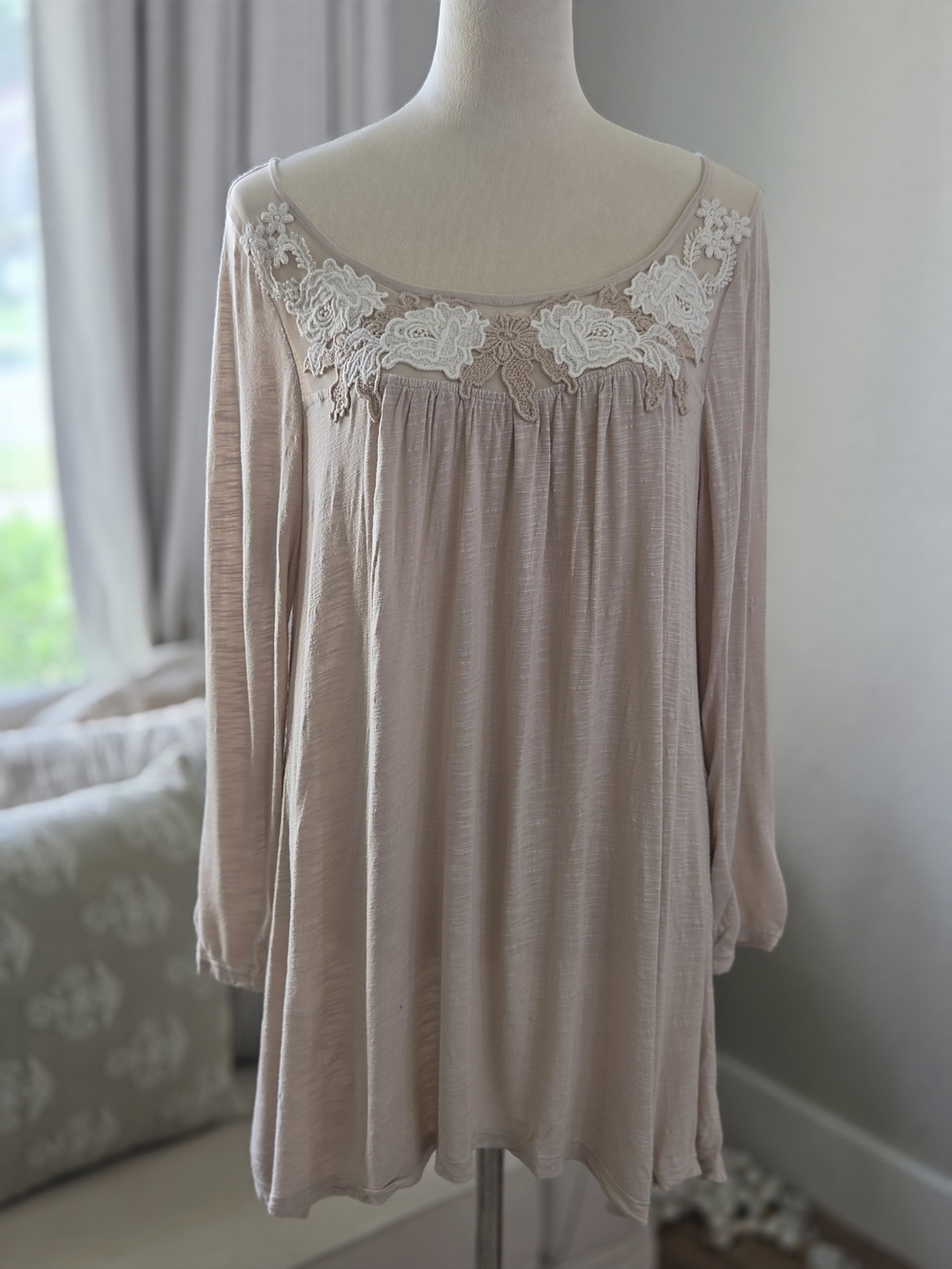 Anthropologie Tan Lace-Yoke Long Sleeve Tunic